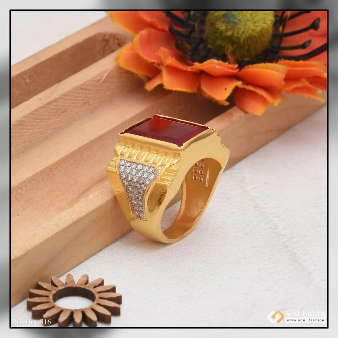 1 Gram Gold Plated Red Stone With Diamond Delicate Design Ring For Men - Style A816 - Image 6