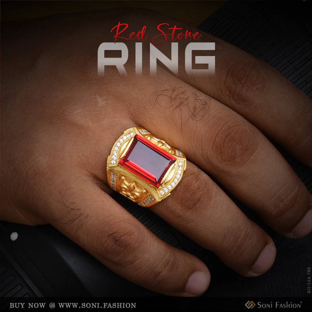 1 Gram Gold Plated Red Stone with Diamond Fashionable Design Ring - Style A786