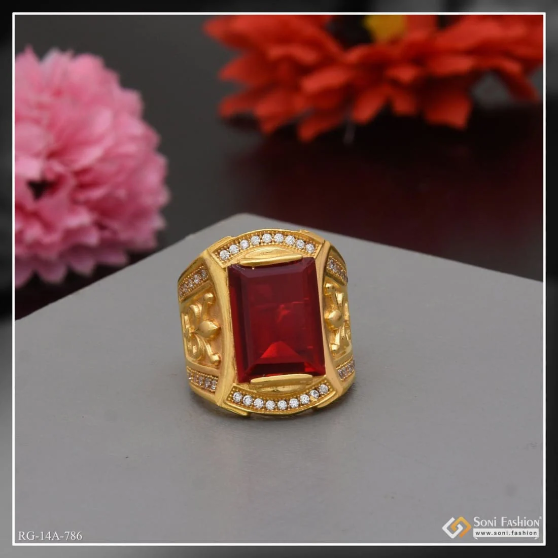 1 Gram Gold Plated Red Stone with Diamond Fashionable Design Ring - Style A786 - Image 2