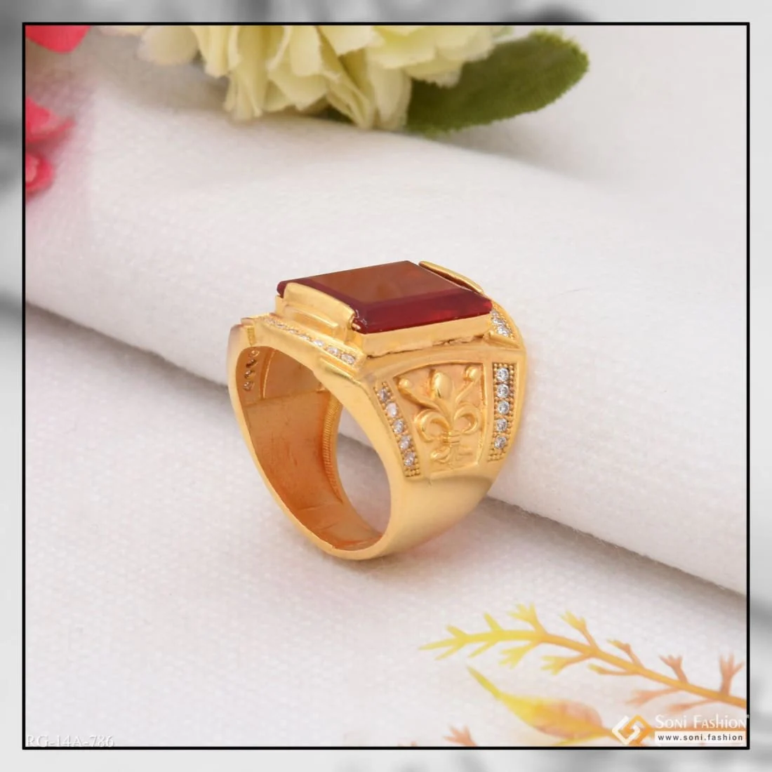 1 Gram Gold Plated Red Stone with Diamond Fashionable Design Ring - Style A786 - Image 3