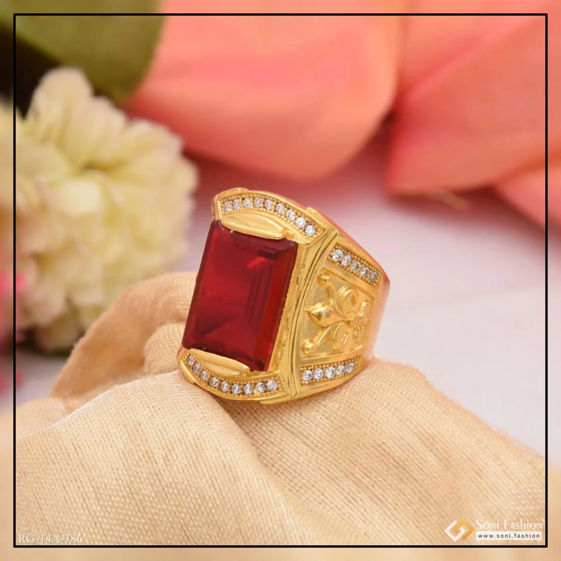 1 Gram Gold Plated Red Stone with Diamond Fashionable Design Ring - Style A786 - Image 4