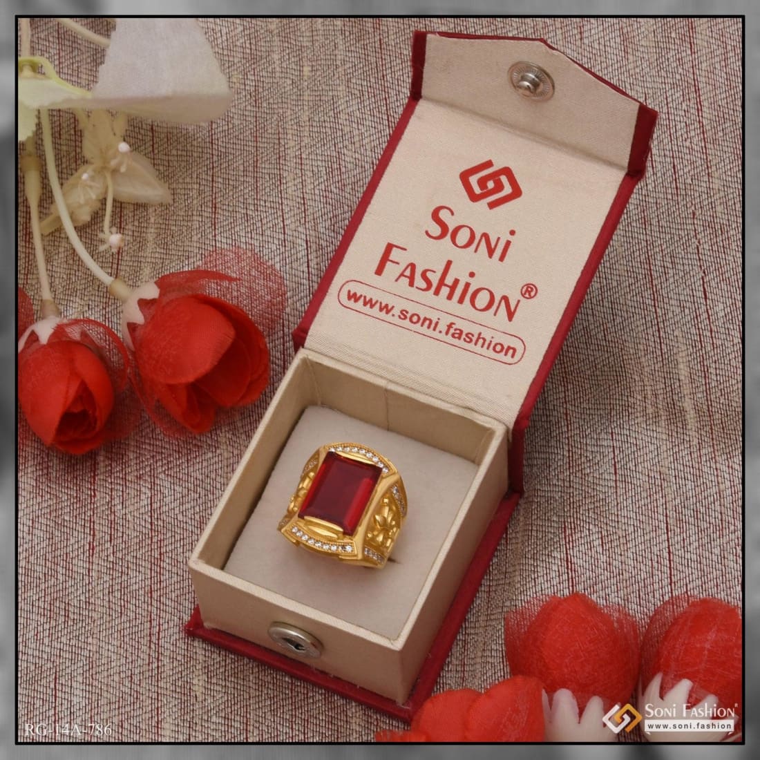 1 Gram Gold Plated Red Stone with Diamond Fashionable Design Ring - Style A786 - Image 6