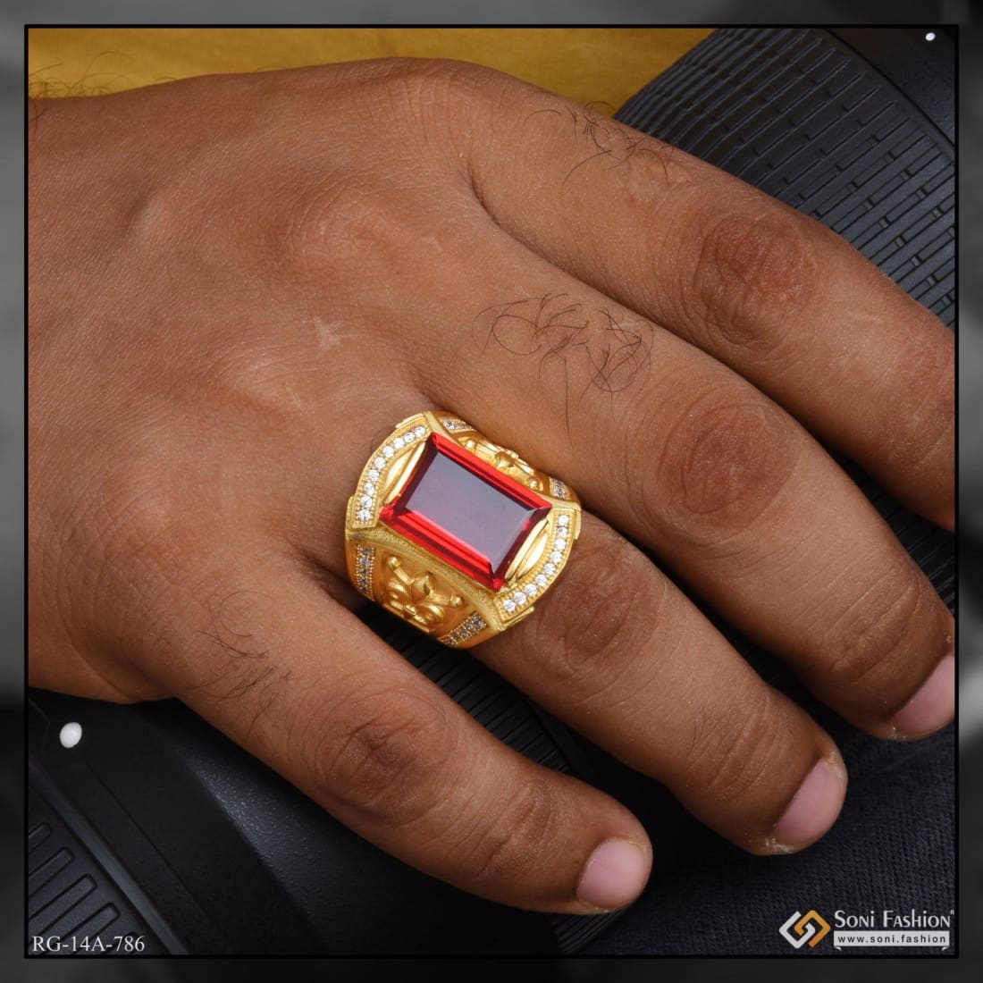1 Gram Gold Plated Red Stone with Diamond Fashionable Design Ring - Style A786 - Image 7