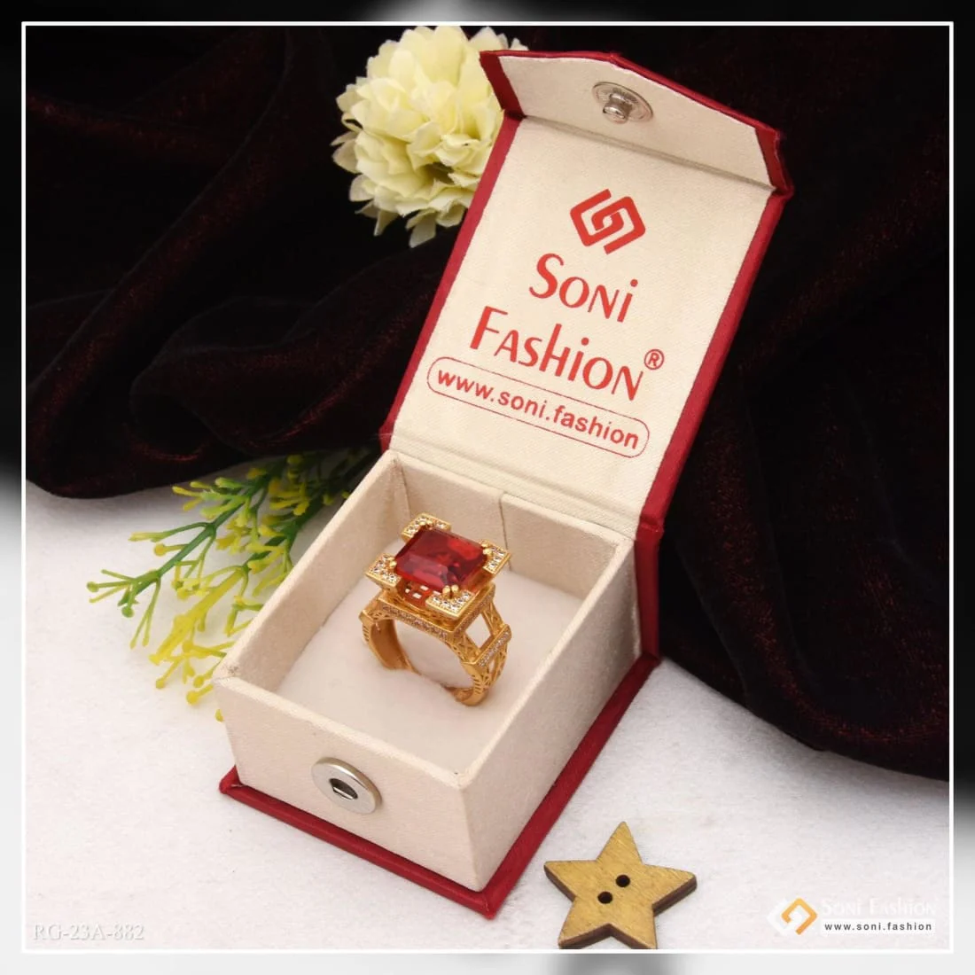 1 Gram Gold Plated Red Stone with Diamond Fashionable Design Ring - Style A882 - Image 5