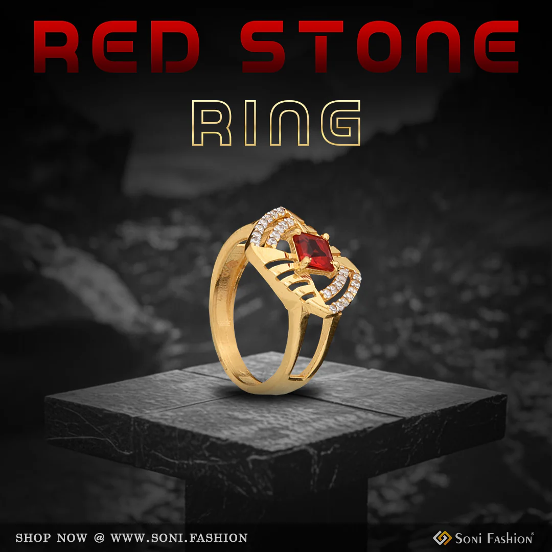 1 Gram Gold Plated Red Stone With Diamond Funky Design Ring For Ladies - Style Lrg-088
