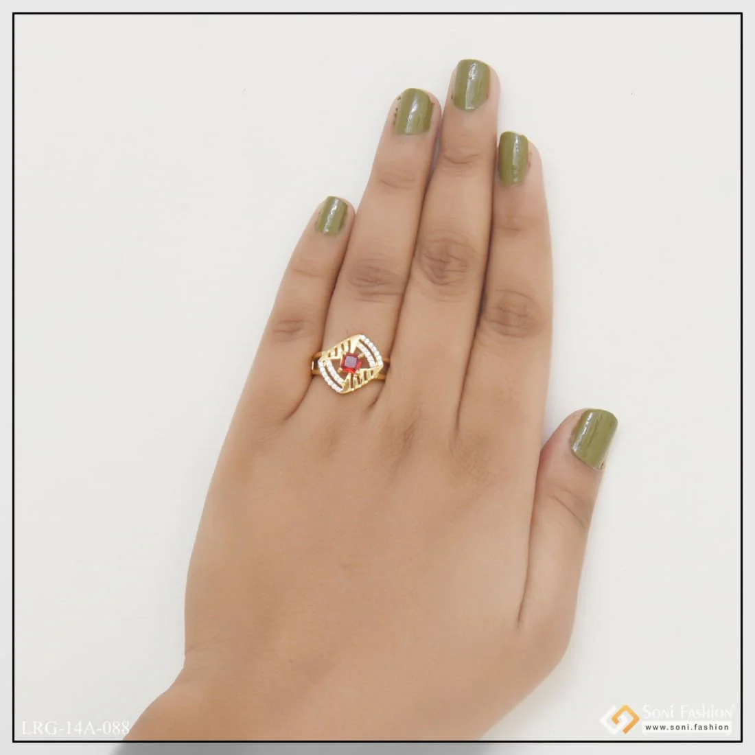 1 Gram Gold Plated Red Stone With Diamond Funky Design Ring For Ladies - Style Lrg-088 - Image 2