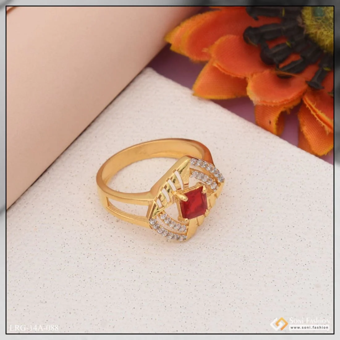 1 Gram Gold Plated Red Stone With Diamond Funky Design Ring For Ladies - Style Lrg-088 - Image 3