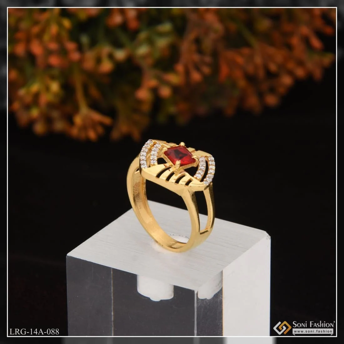 1 Gram Gold Plated Red Stone With Diamond Funky Design Ring For Ladies - Style Lrg-088 - Image 4