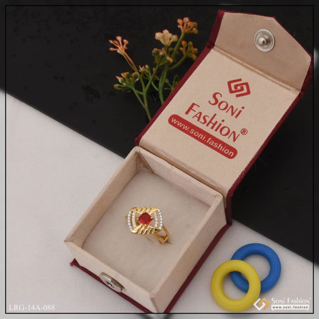 1 Gram Gold Plated Red Stone With Diamond Funky Design Ring For Ladies - Style Lrg-088 - Image 5