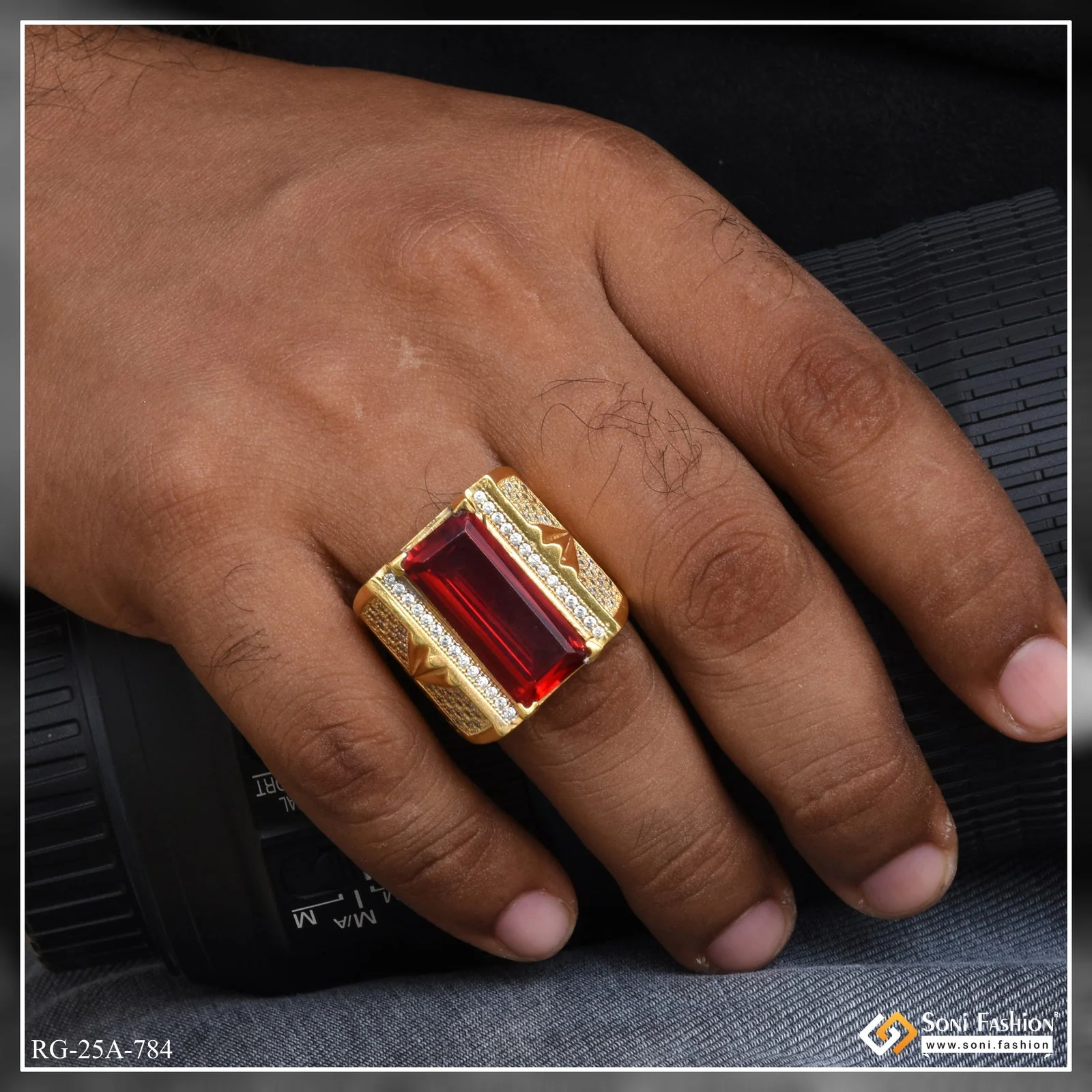 1 Gram Gold Plated Red Stone with Diamond Funky Design Ring for Men - Style A784
