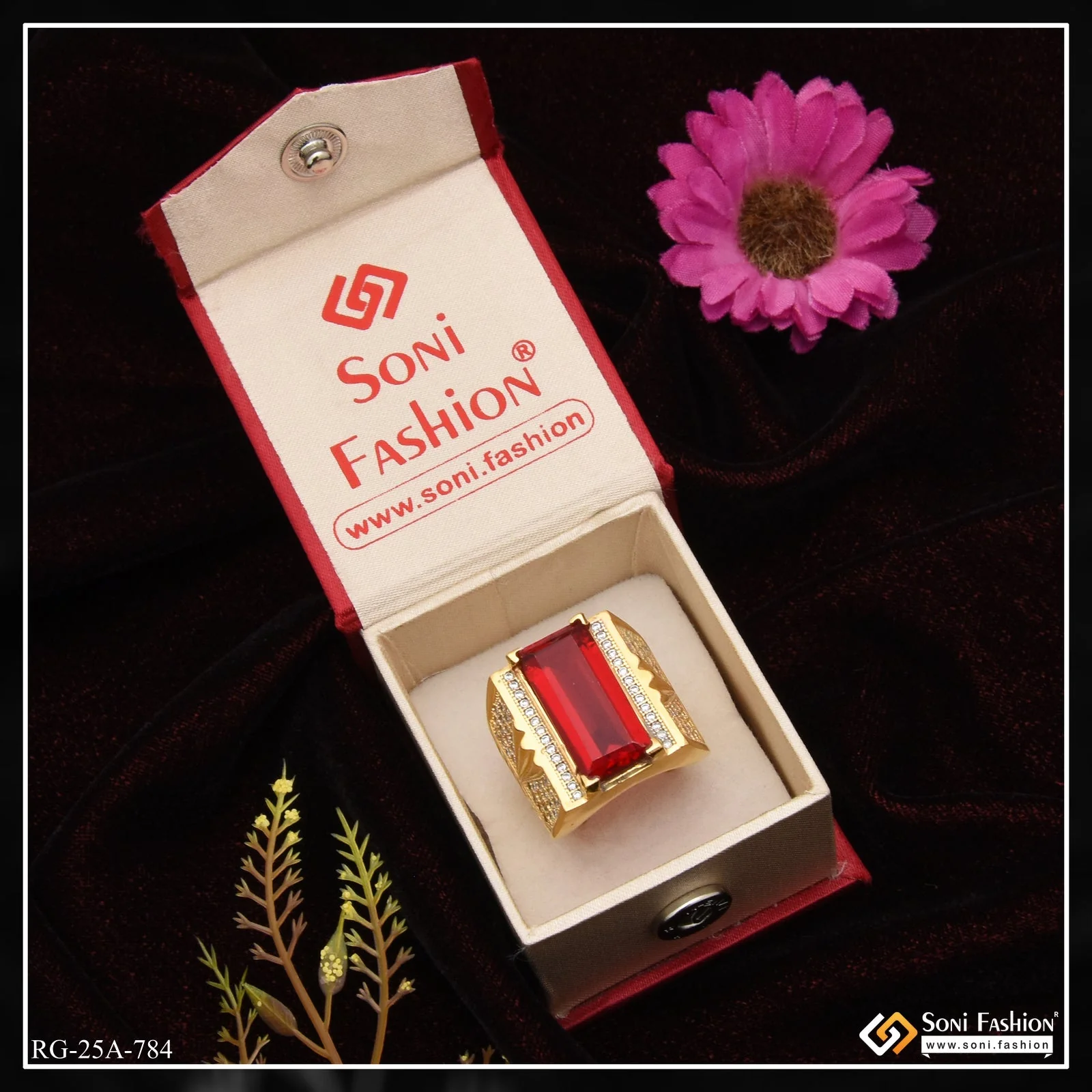 1 Gram Gold Plated Red Stone with Diamond Funky Design Ring for Men - Style A784 - Image 2