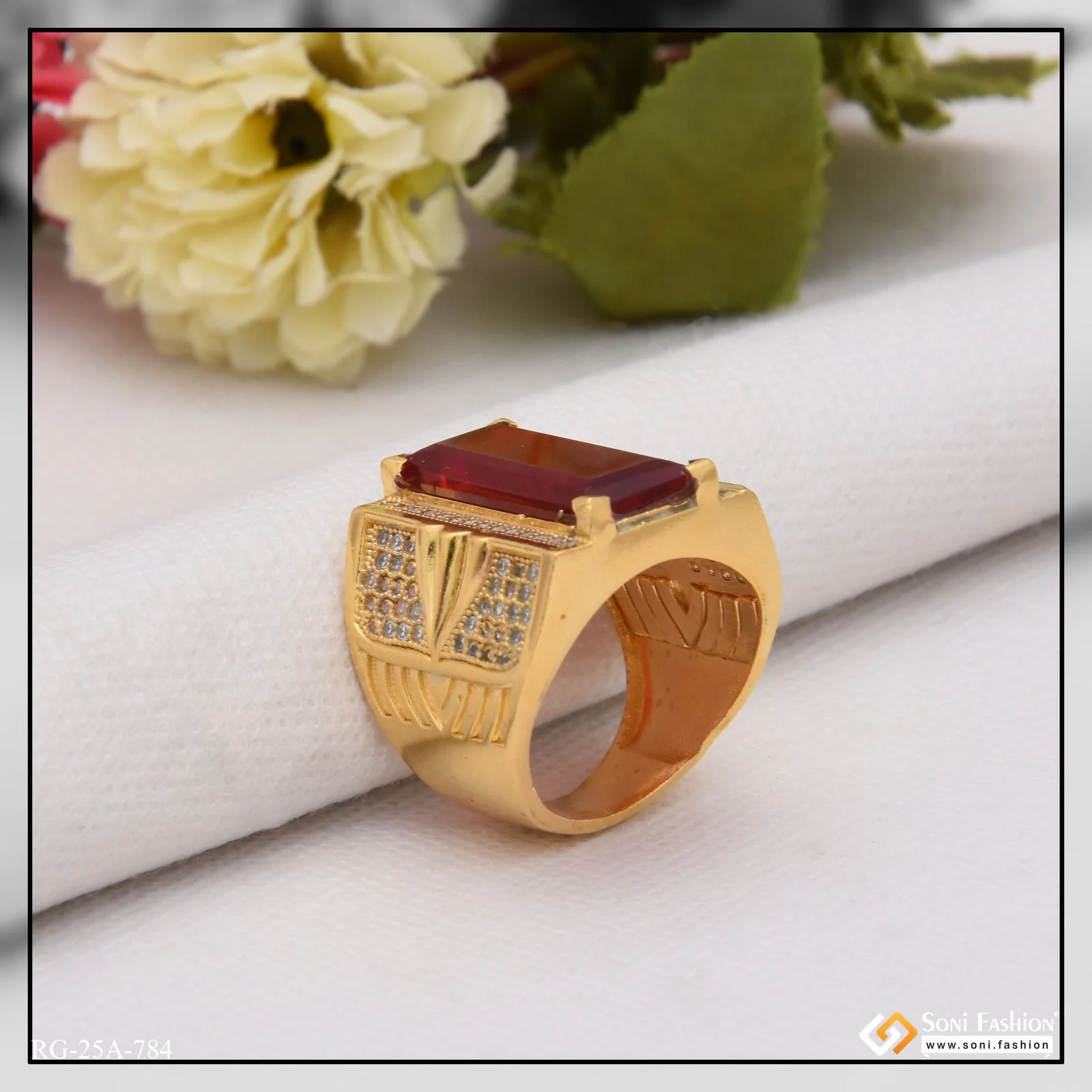 1 Gram Gold Plated Red Stone with Diamond Funky Design Ring for Men - Style A784 - Image 3