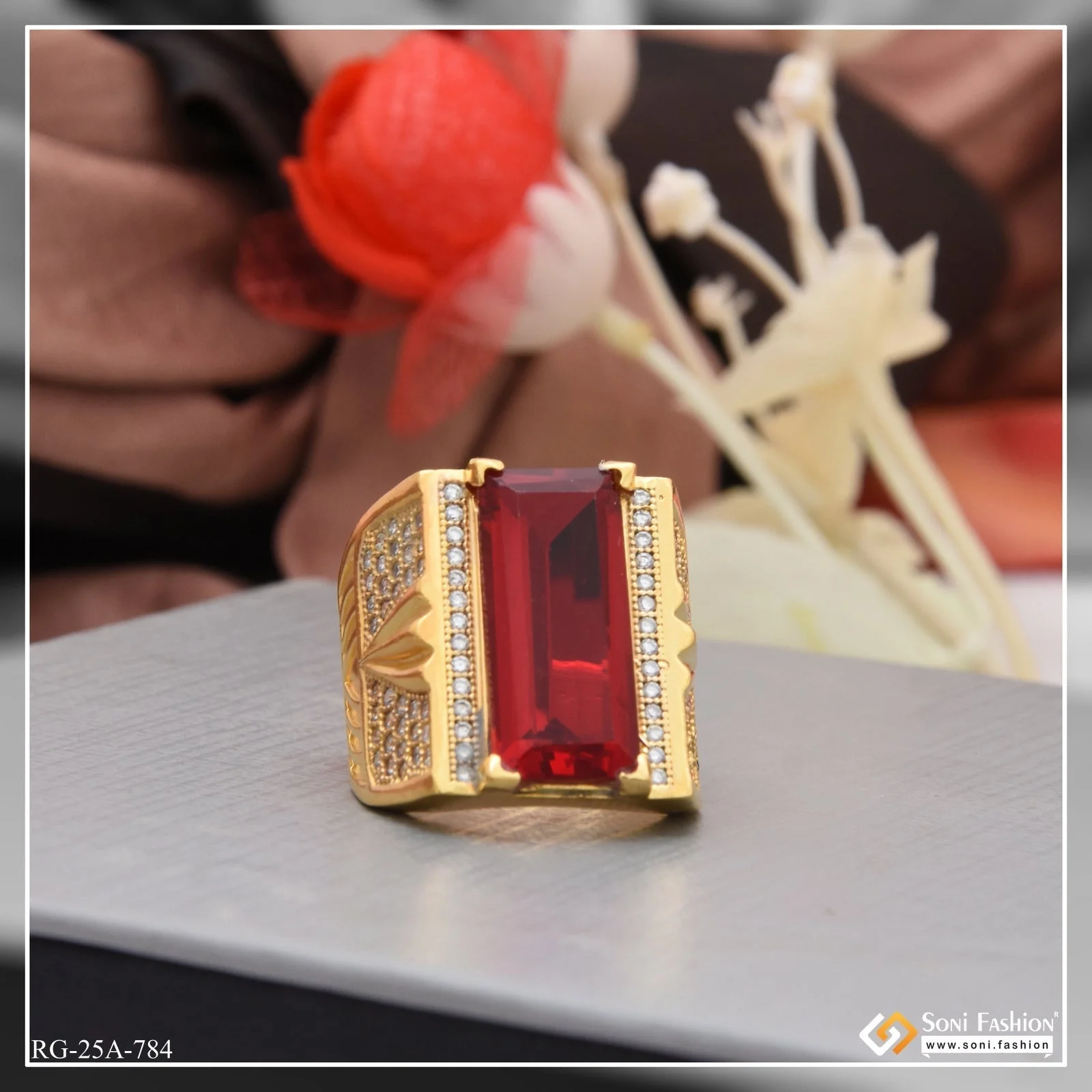 1 Gram Gold Plated Red Stone with Diamond Funky Design Ring for Men - Style A784 - Image 4