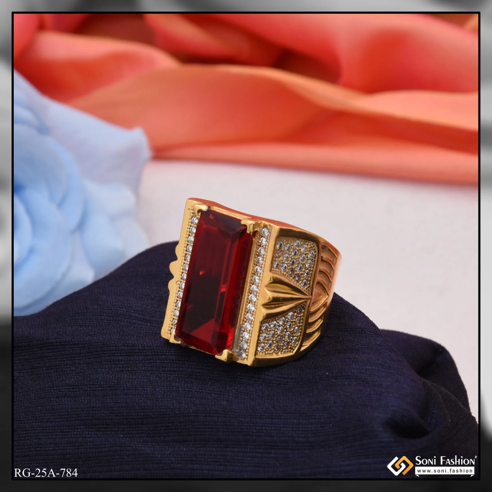 1 Gram Gold Plated Red Stone with Diamond Funky Design Ring for Men - Style A784 - Image 5