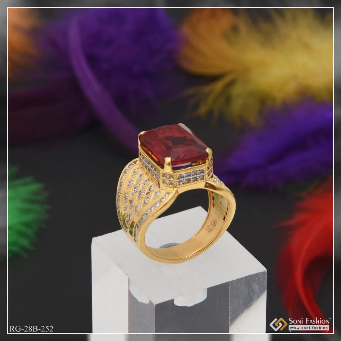 1 Gram Gold Plated Red Stone with Diamond Funky Design Ring for Men - Style B252 - Image 2