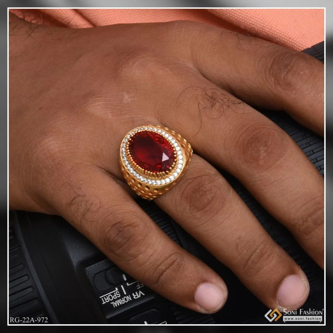 1 Gram Gold Plated Red Stone With Diamond Glittering Design Ring - Style A972