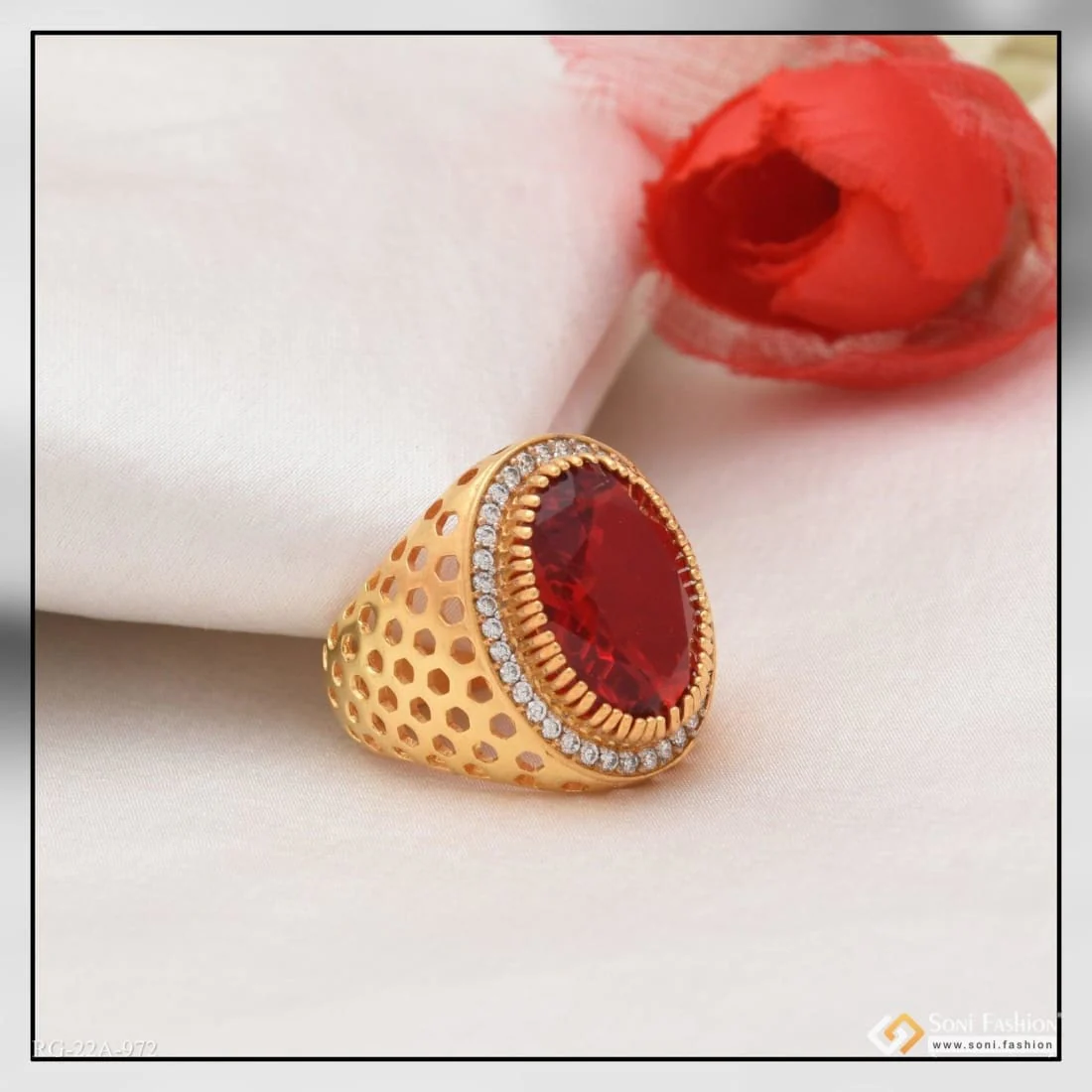 1 Gram Gold Plated Red Stone With Diamond Glittering Design Ring - Style A972 - Image 2