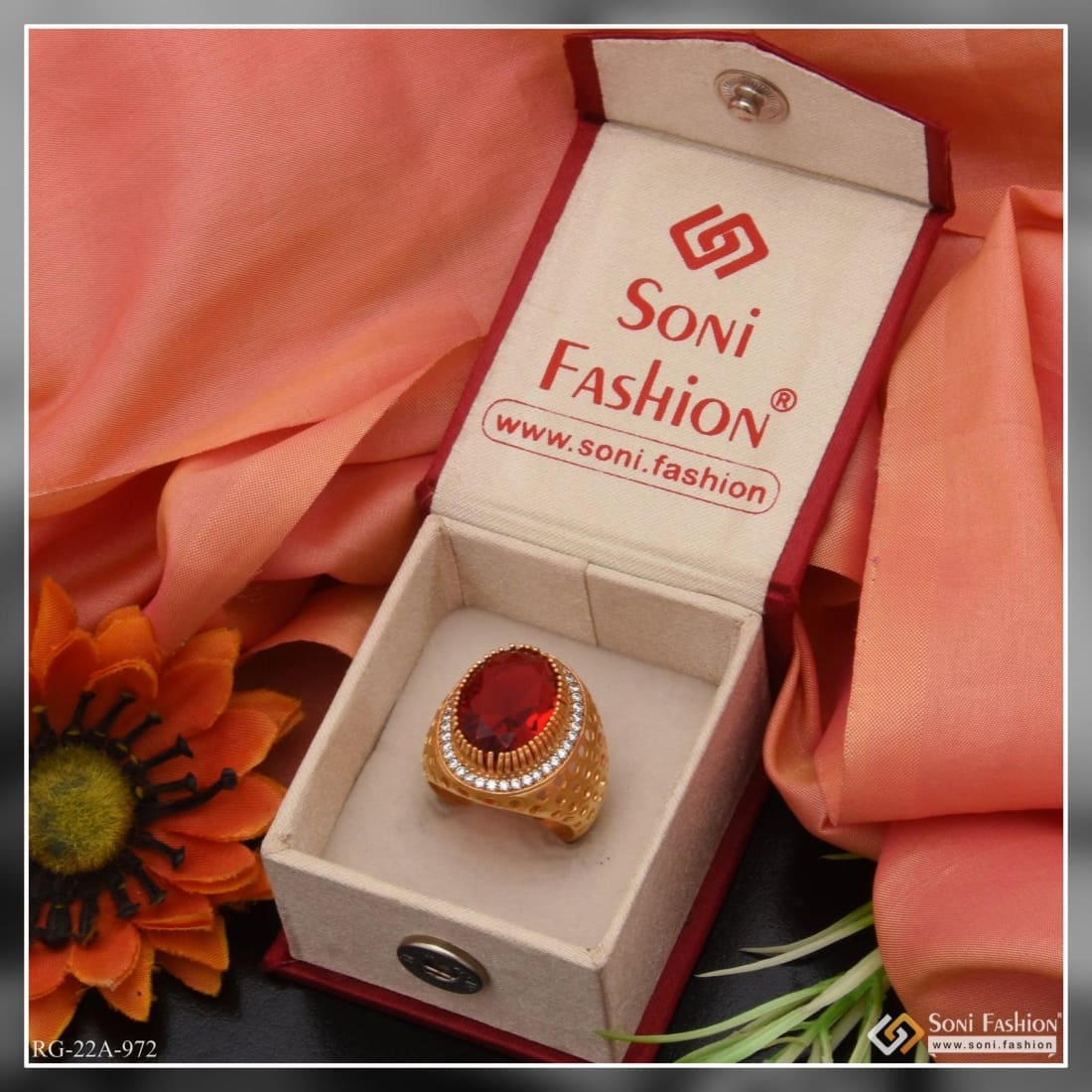 1 Gram Gold Plated Red Stone With Diamond Glittering Design Ring - Style A972 - Image 3