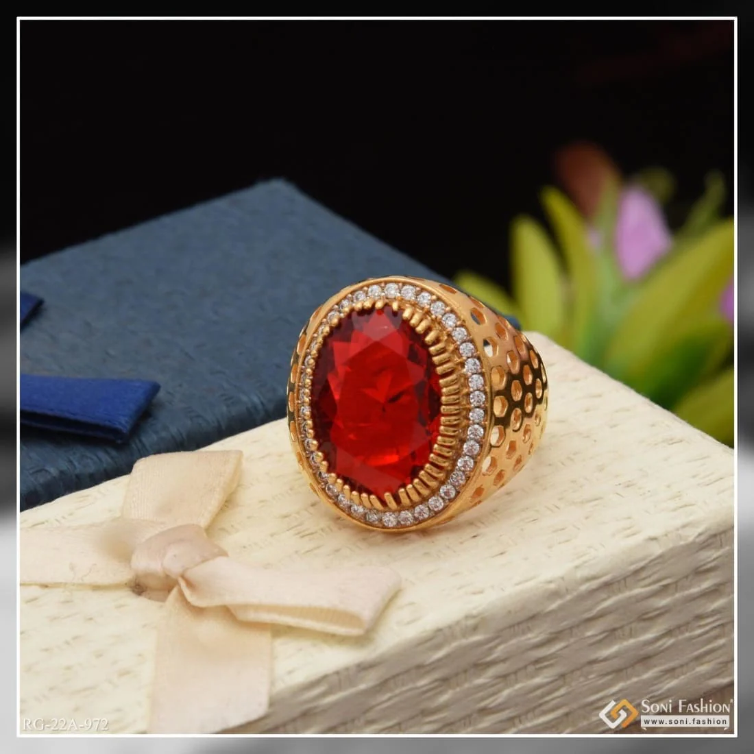 1 Gram Gold Plated Red Stone With Diamond Glittering Design Ring - Style A972 - Image 4