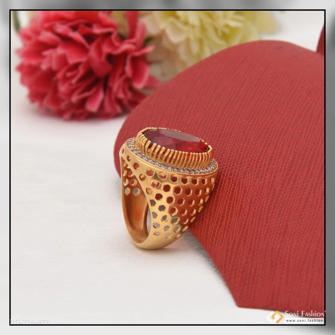 1 Gram Gold Plated Red Stone With Diamond Glittering Design Ring - Style A972 - Image 5