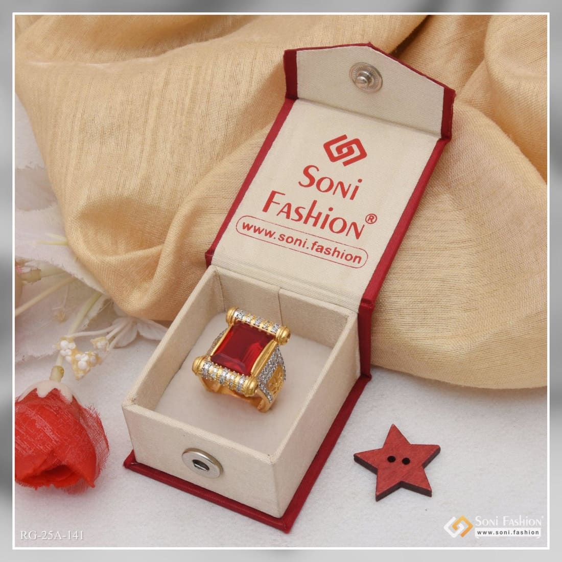 1 Gram Gold Plated Red Stone With Diamond Gold Plated Ring For Men - Style A141 - Image 5