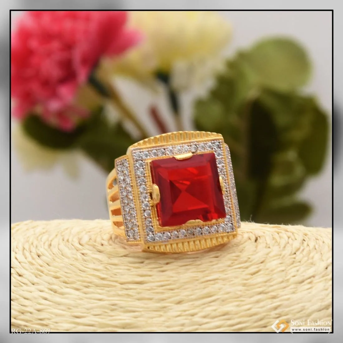 1 Gram Gold Plated Red Stone With Diamond Gorgeous Design Ring For Men - Style A867 - Image 4