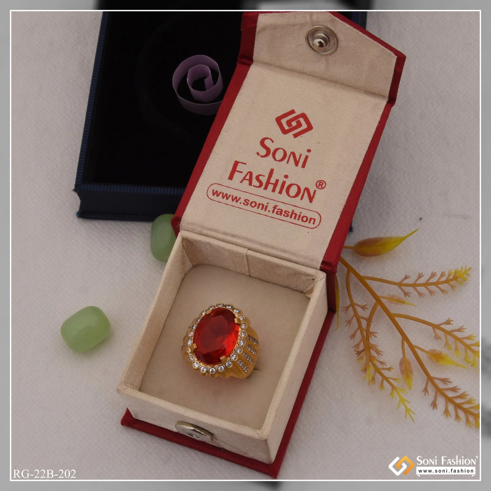 1 Gram Gold Plated Red Stone with Diamond Gorgeous Design Ring for Men - Style B202 - Image 2