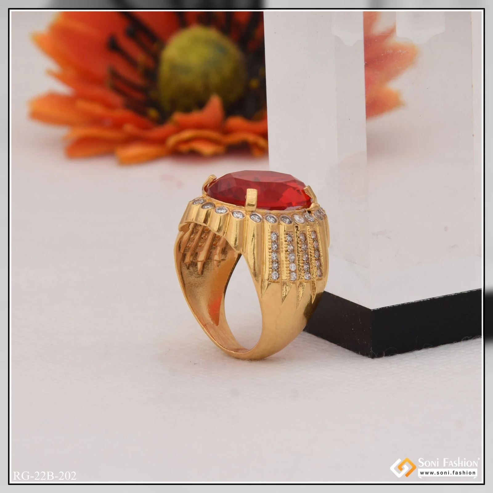1 Gram Gold Plated Red Stone with Diamond Gorgeous Design Ring for Men - Style B202 - Image 3