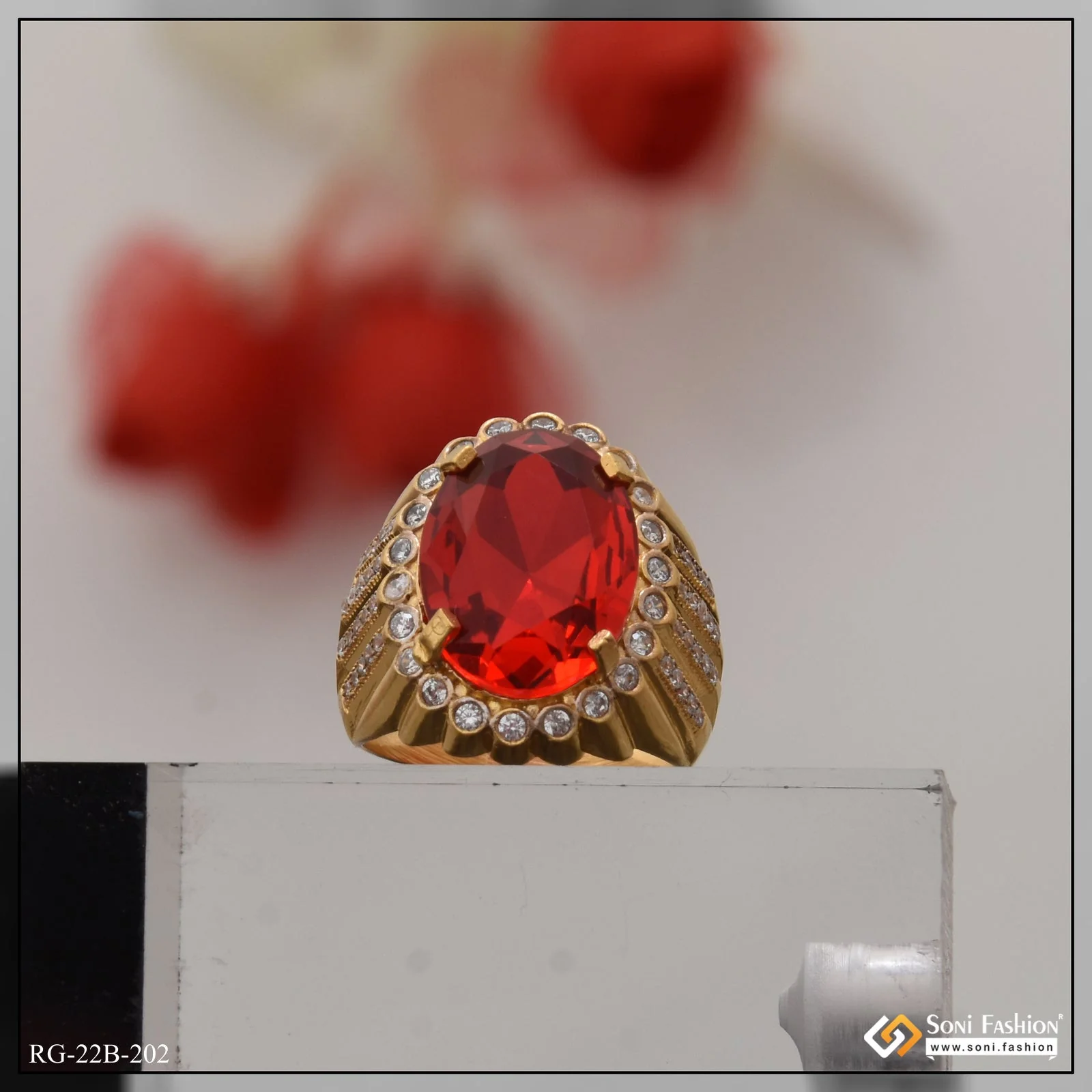 1 Gram Gold Plated Red Stone with Diamond Gorgeous Design Ring for Men - Style B202 - Image 4