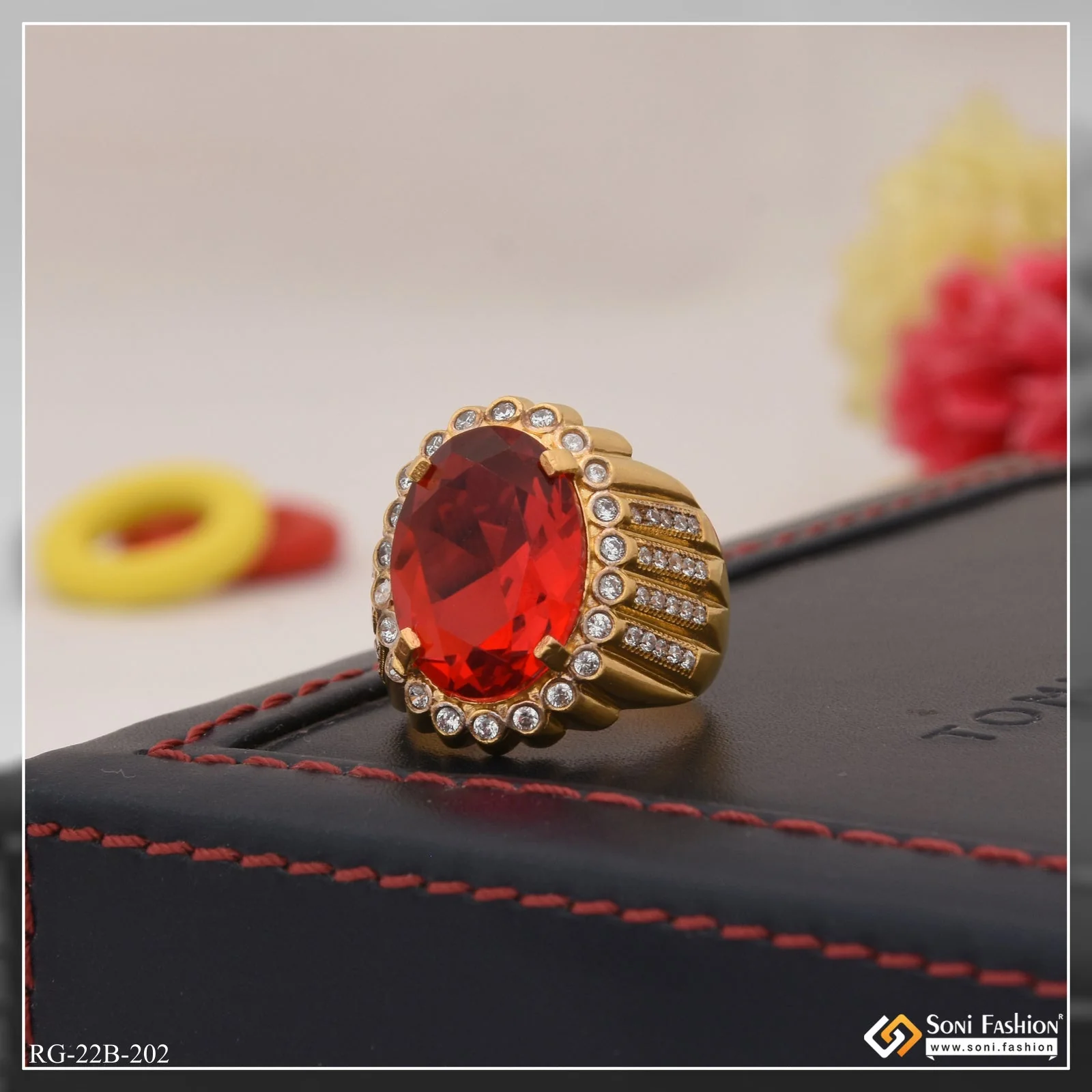 1 Gram Gold Plated Red Stone with Diamond Gorgeous Design Ring for Men - Style B202 - Image 5