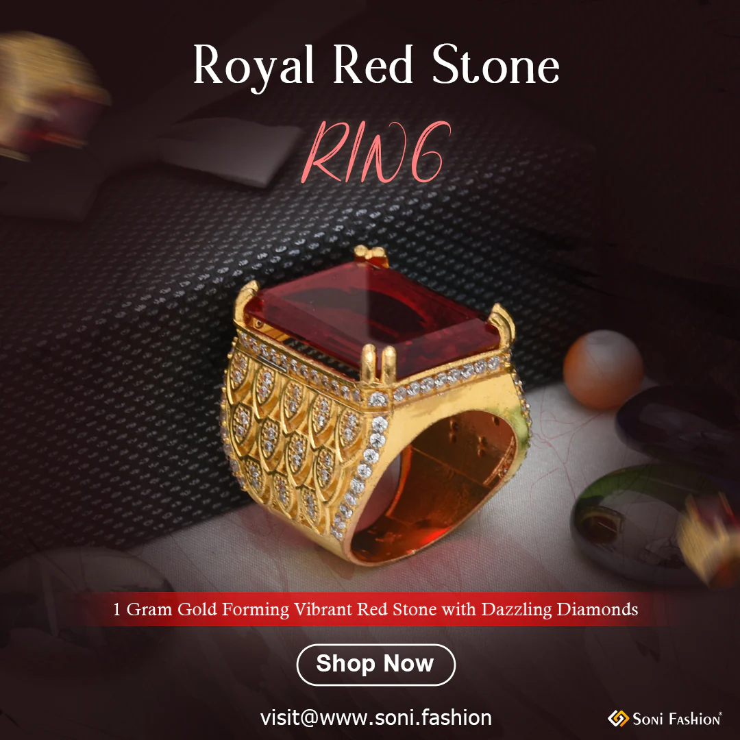 1 Gram Gold Plated- Red Stone with Diamond Gorgeous Design Ring - Style A735