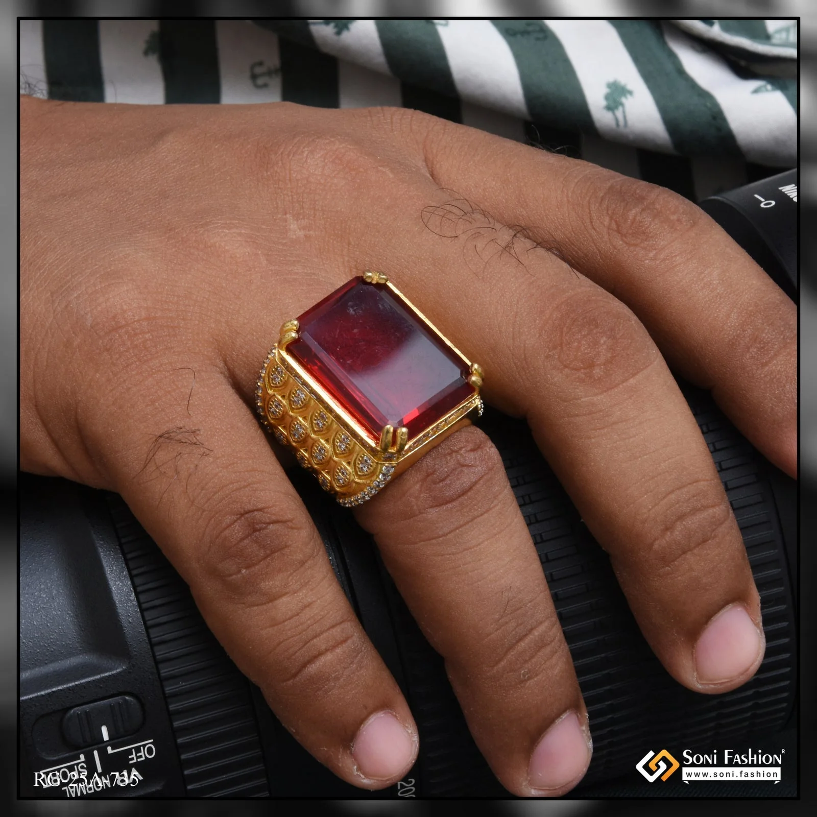 1 Gram Gold Plated- Red Stone with Diamond Gorgeous Design Ring - Style A735 - Image 2