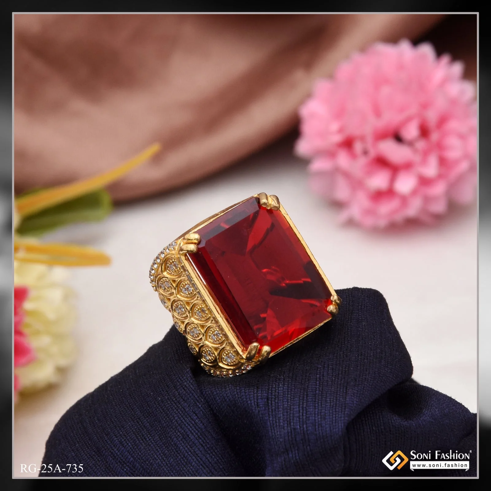 1 Gram Gold Plated- Red Stone with Diamond Gorgeous Design Ring - Style A735 - Image 3