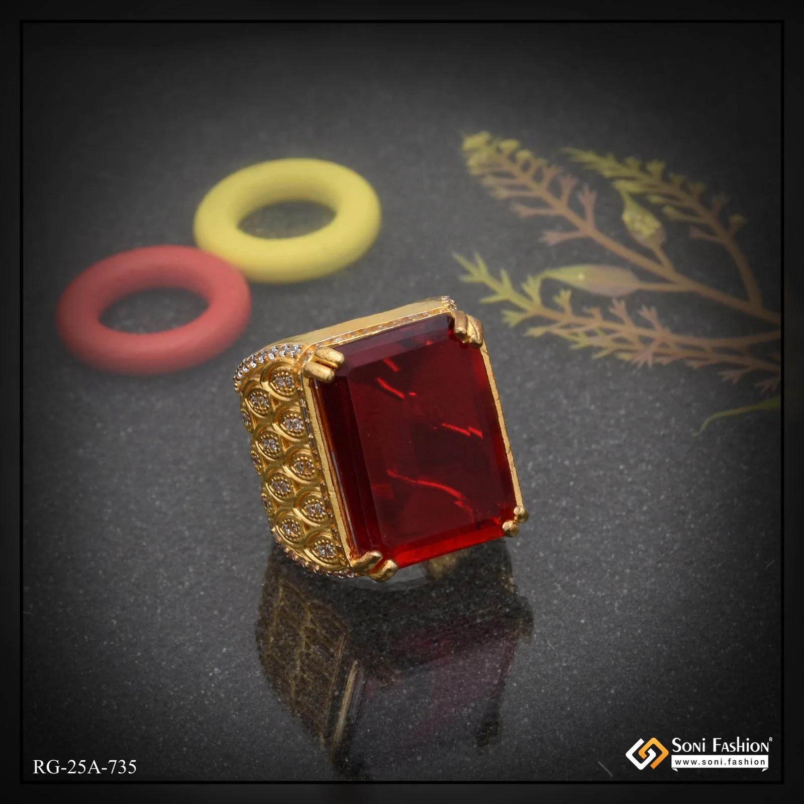 1 Gram Gold Plated- Red Stone with Diamond Gorgeous Design Ring - Style A735 - Image 4