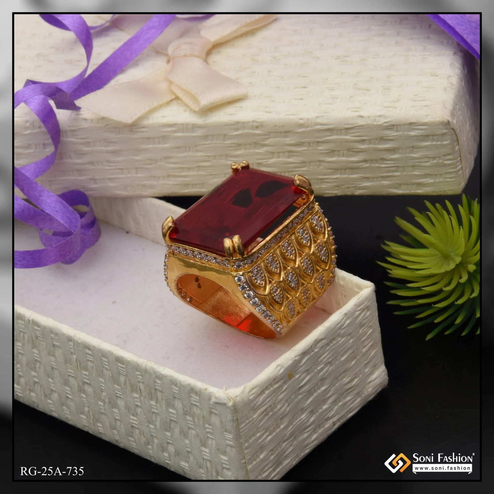 1 Gram Gold Plated- Red Stone with Diamond Gorgeous Design Ring - Style A735 - Image 5