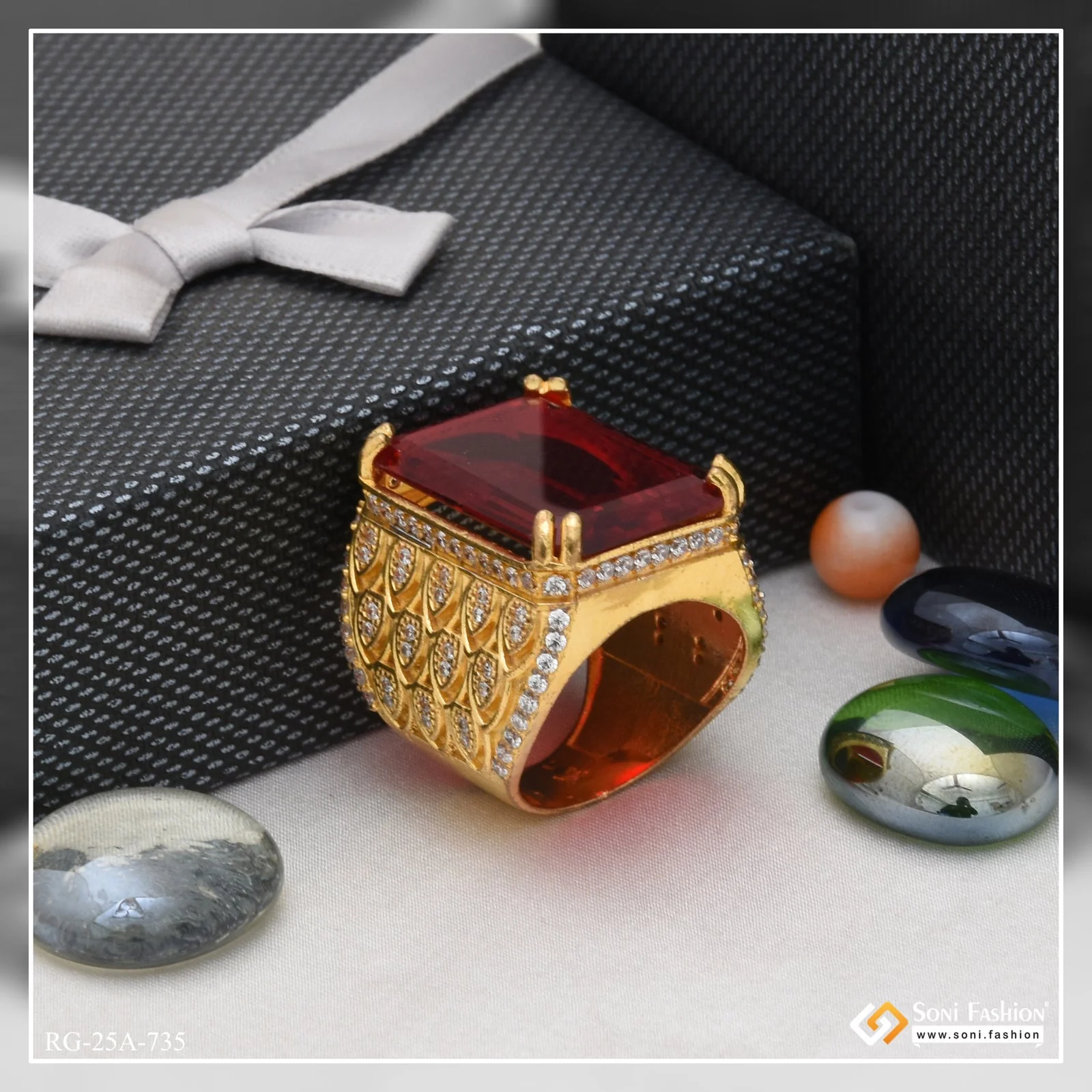 1 Gram Gold Plated- Red Stone with Diamond Gorgeous Design Ring - Style A735 - Image 6