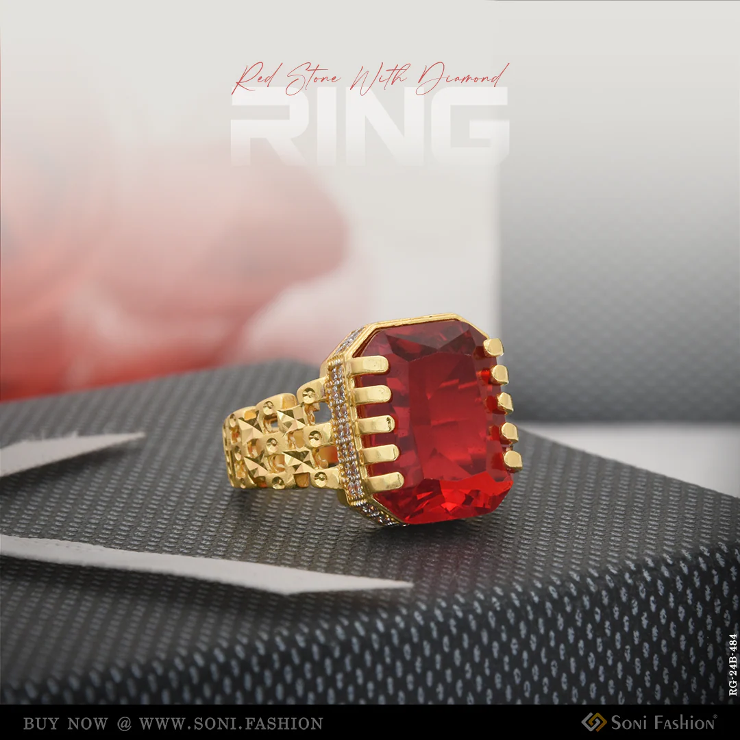 1 Gram Gold Plated Red Stone With Diamond Popular Design Ring For Men - Style B484