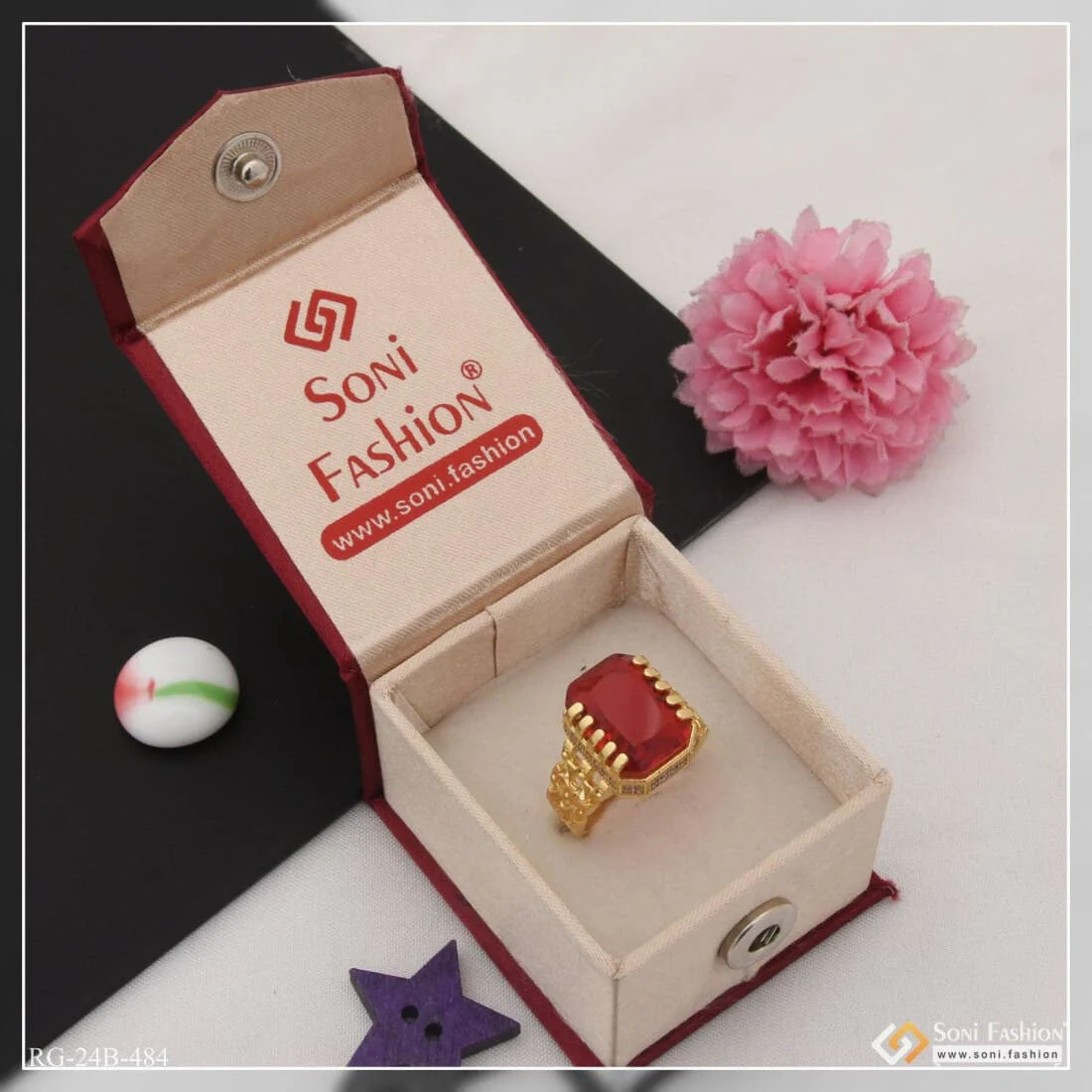 1 Gram Gold Plated Red Stone With Diamond Popular Design Ring For Men - Style B484 - Image 2
