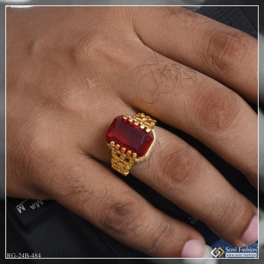1 Gram Gold Plated Red Stone With Diamond Popular Design Ring For Men - Style B484 - Image 3