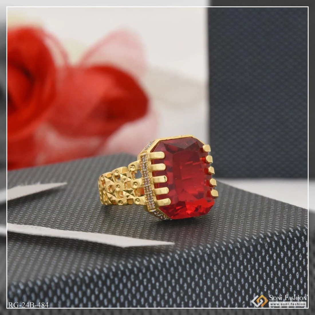 1 Gram Gold Plated Red Stone With Diamond Popular Design Ring For Men - Style B484 - Image 4
