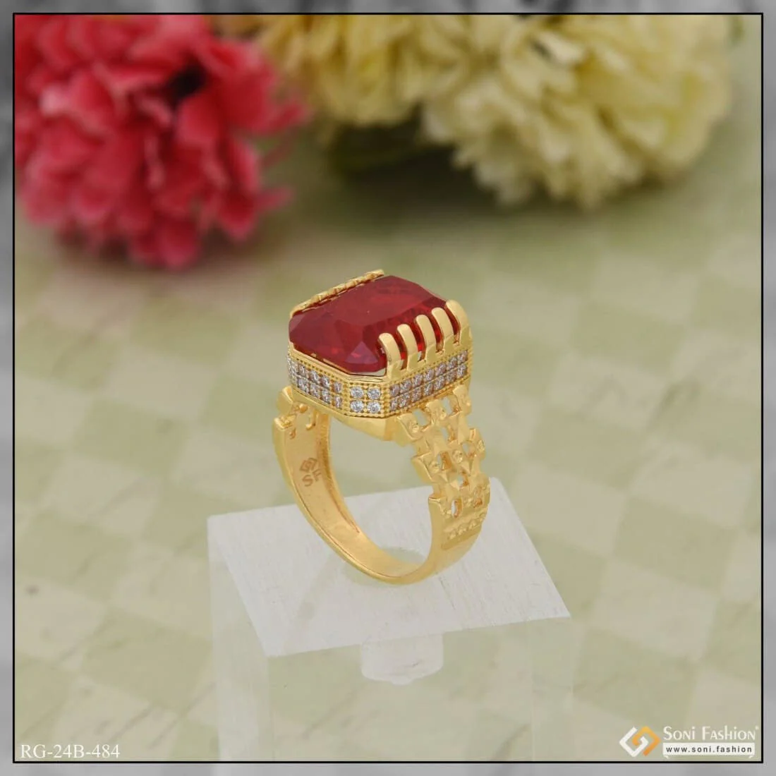 1 Gram Gold Plated Red Stone With Diamond Popular Design Ring For Men - Style B484 - Image 5