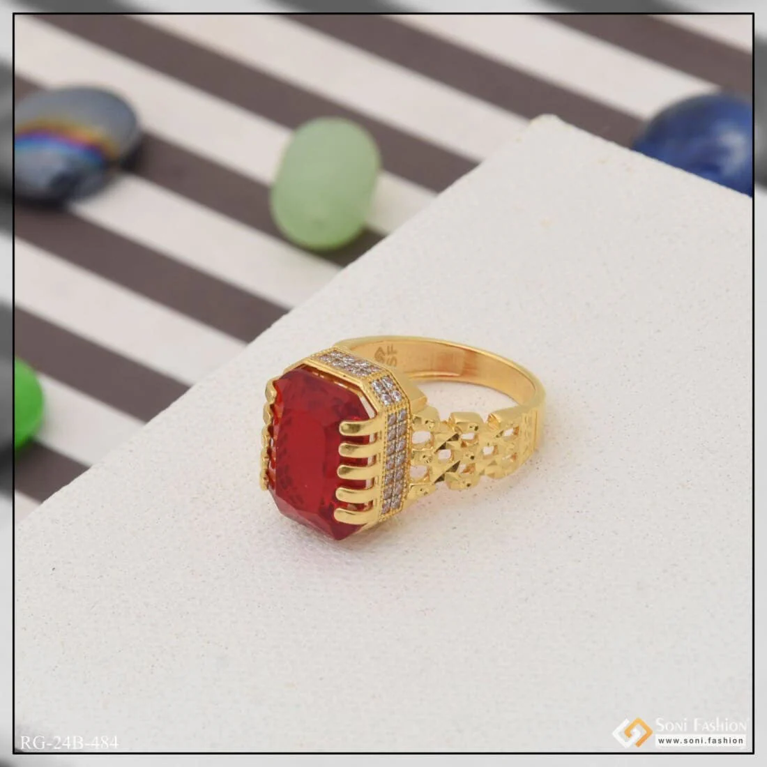 1 Gram Gold Plated Red Stone With Diamond Popular Design Ring For Men - Style B484 - Image 6