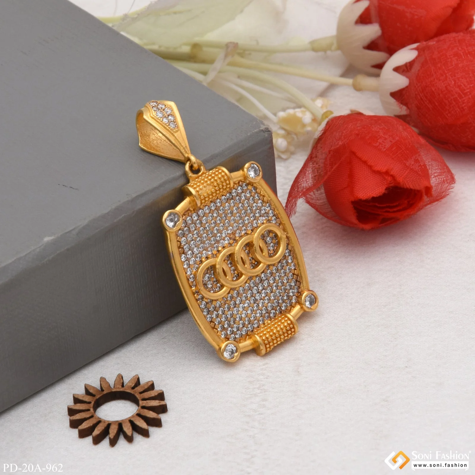 1 Gram Gold Plated Ring with Diamond Antique Design Pendant for Men - Style A962 - Image 3