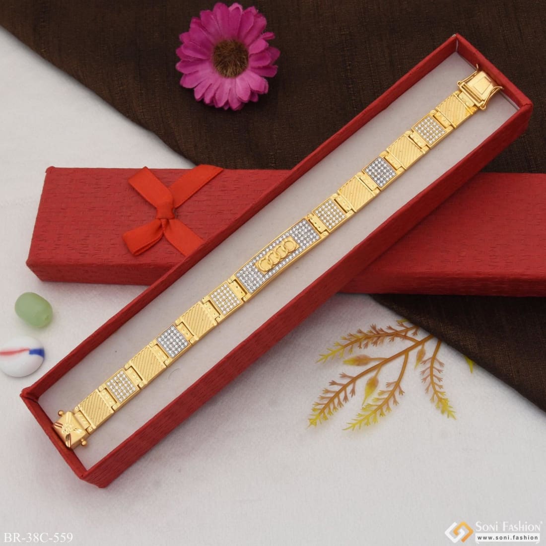 1 Gram Gold Plated Rings with Diamond Delicate Design Bracelet for Men - Style C559 - Image 3