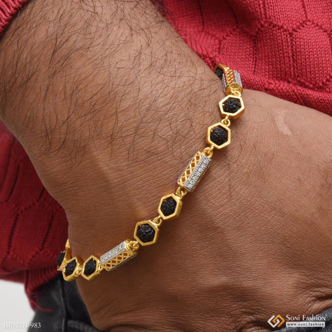 1 Gram Gold Plated Rudraksh In Hexagon Best Quality Bracelet For Men - Style B983 - Image 2