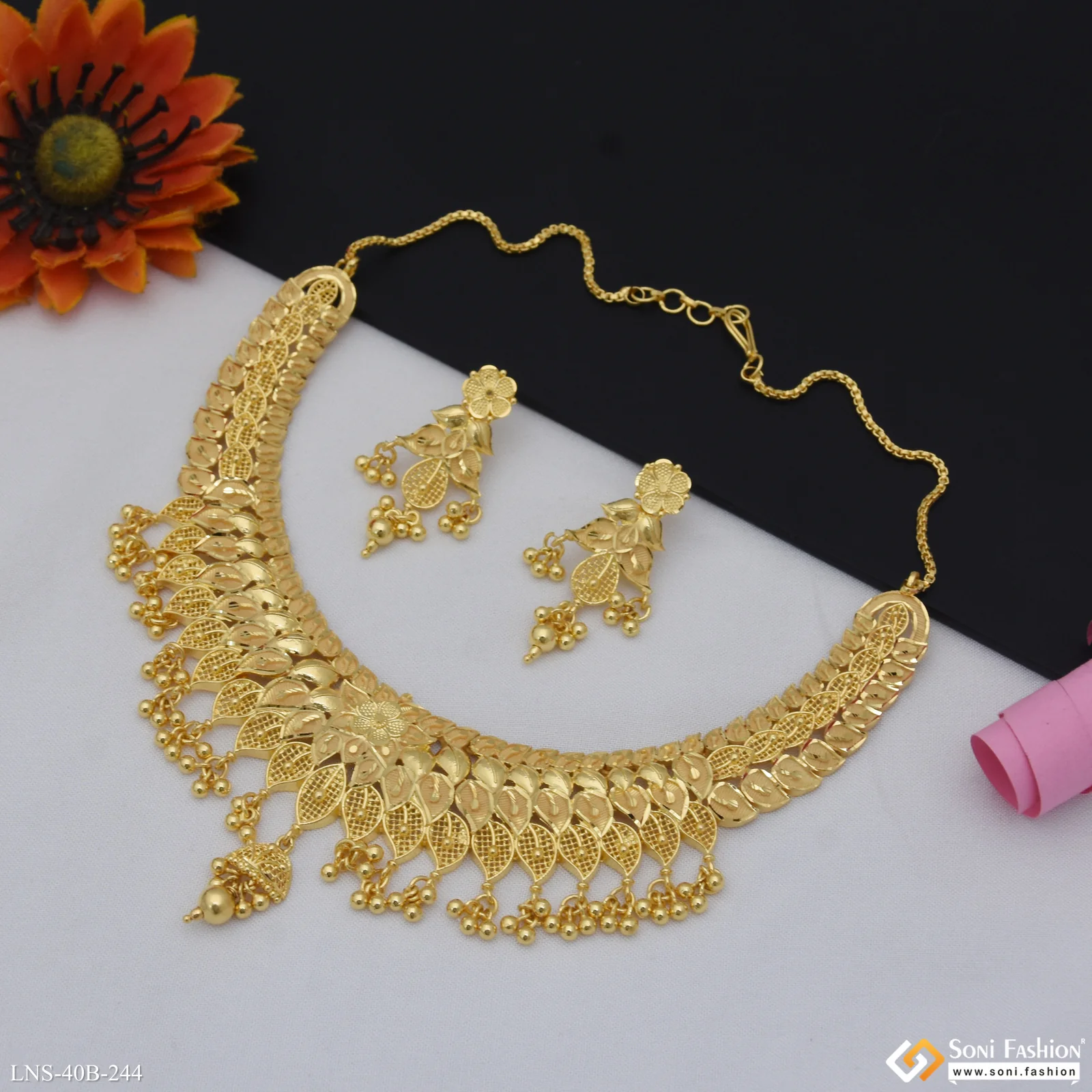 1 Gram Gold Plated Sparkling Design Necklace Set for Women - Style B244 - Image 3