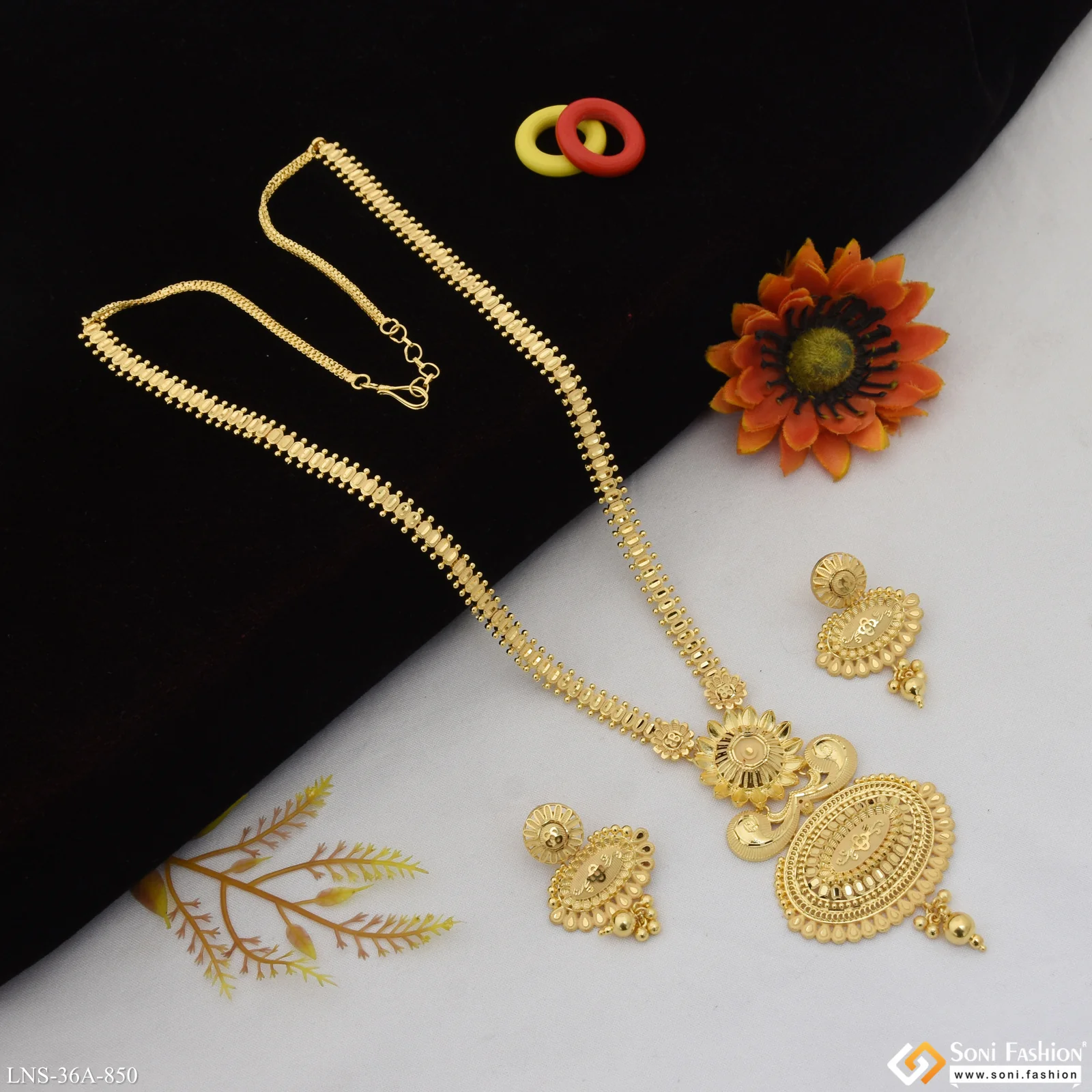1 Gram Gold Plated Sparkling Design Rani Haar Necklace Set for Women - Style A850 - Image 2
