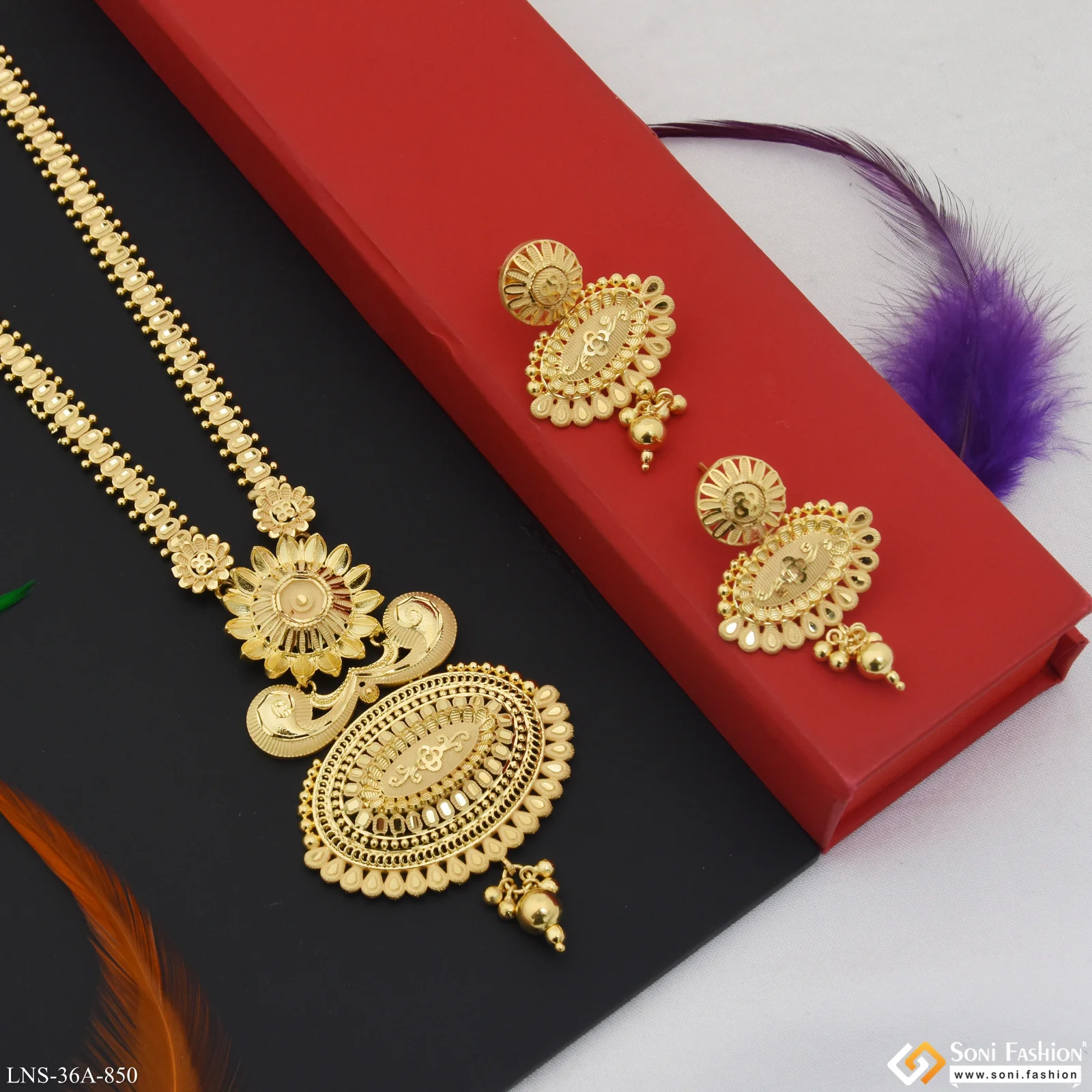 1 Gram Gold Plated Sparkling Design Rani Haar Necklace Set for Women - Style A850 - Image 5