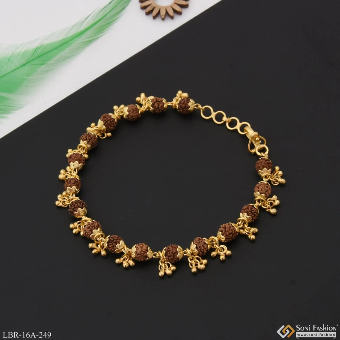 1 Gram Gold Plated Sparkling Design Rudraksha Bracelet for Ladies - Style A249 - Image 3