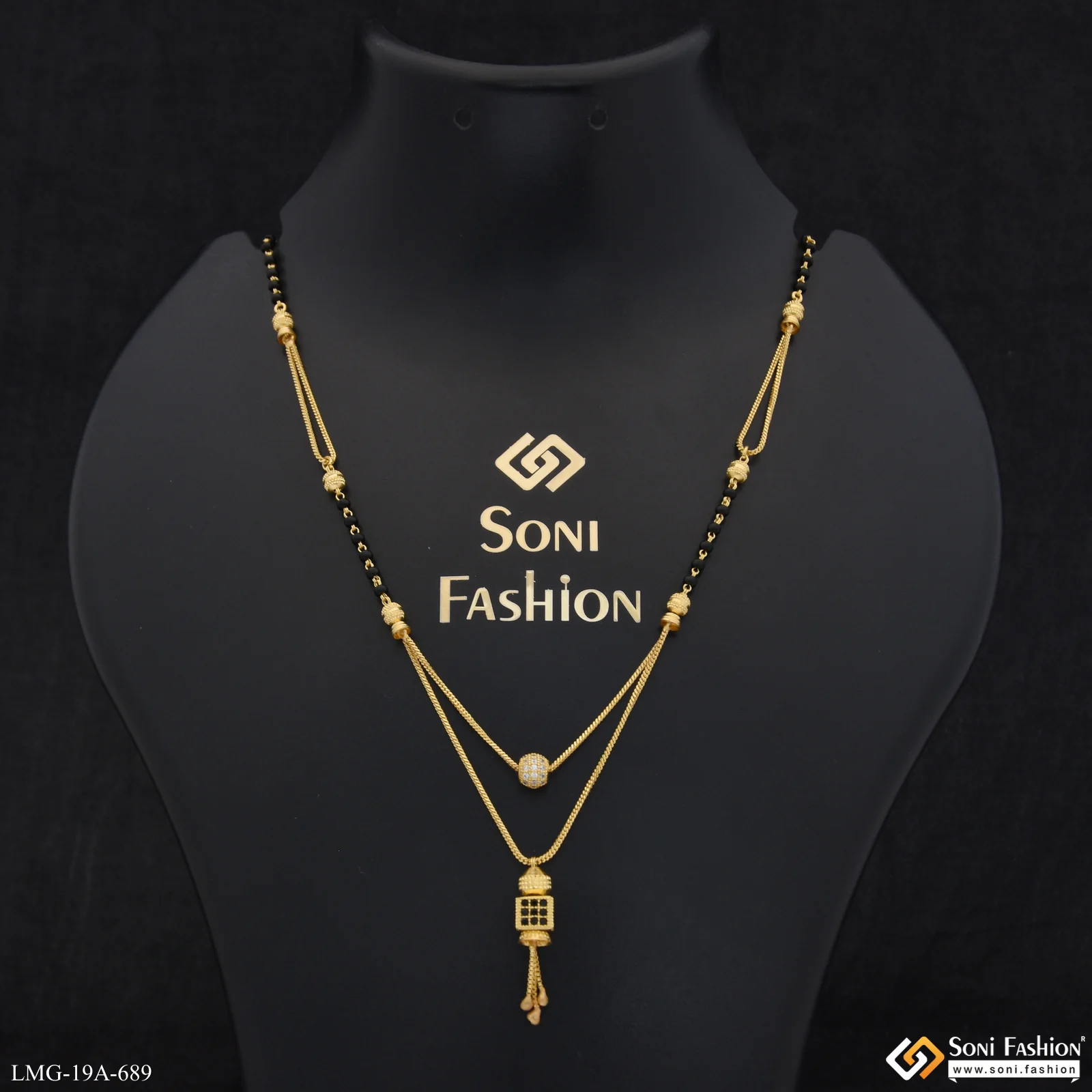 1 Gram Gold Plated Square Cube With Black Diamond Mangalsutra - Style A689